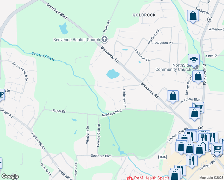 map of restaurants, bars, coffee shops, grocery stores, and more near 1922 Bridgewood Road in Rocky Mount