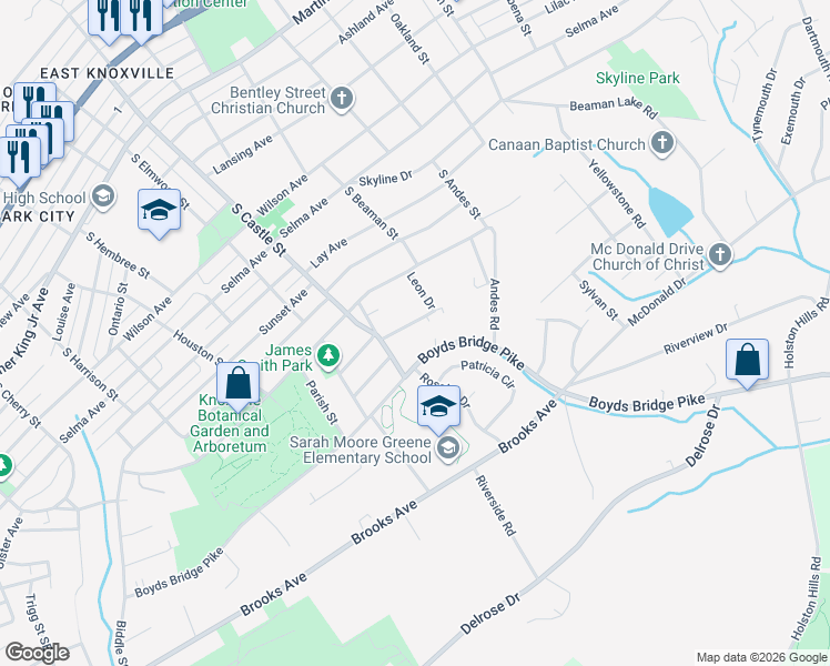 map of restaurants, bars, coffee shops, grocery stores, and more near 3115 Landview Drive in Knoxville