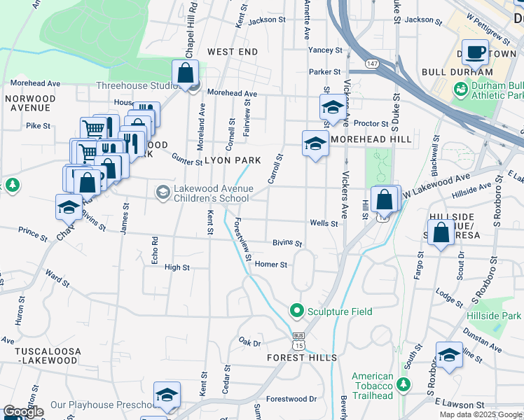 map of restaurants, bars, coffee shops, grocery stores, and more near 1316 Carroll Street in Durham