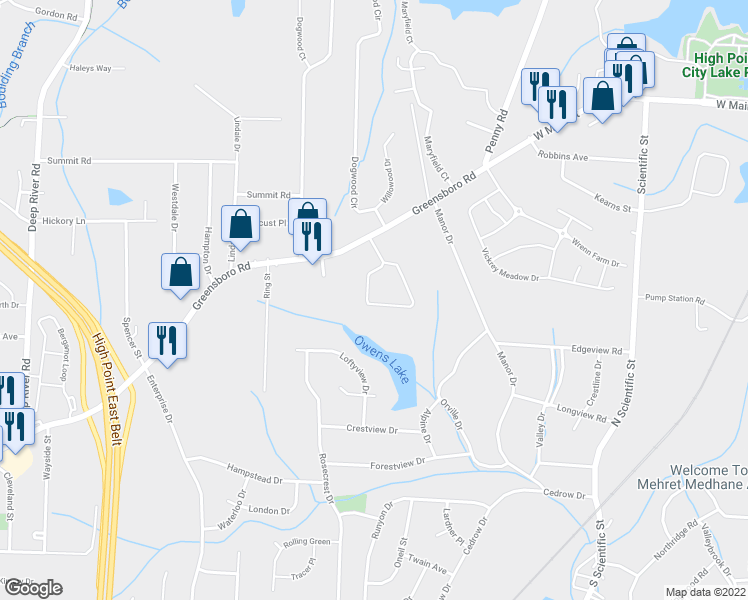 map of restaurants, bars, coffee shops, grocery stores, and more near 225 Crestwood Circle in High Point