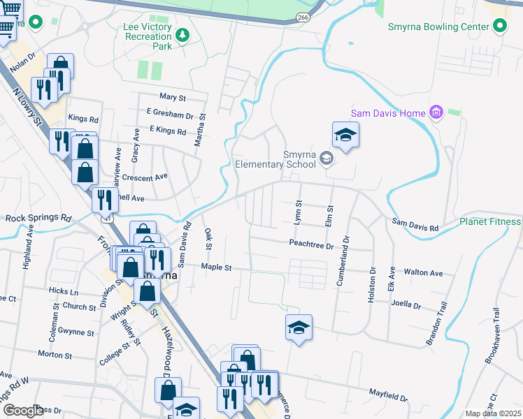 map of restaurants, bars, coffee shops, grocery stores, and more near 500 Sam Davis Road in Smyrna