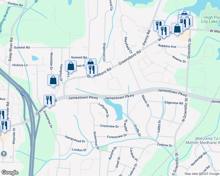 map of restaurants, bars, coffee shops, grocery stores, and more near 120 Crestwood Circle in High Point