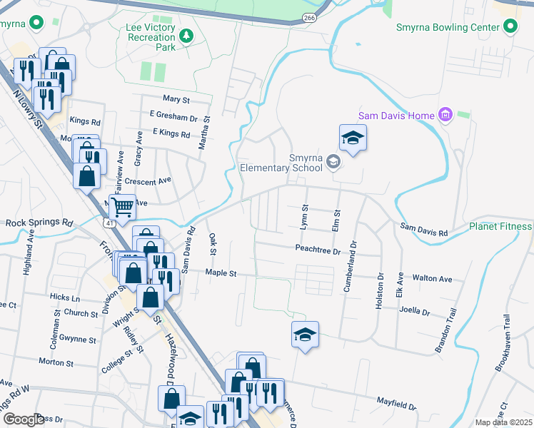 map of restaurants, bars, coffee shops, grocery stores, and more near 500 Sam Davis Road in Smyrna