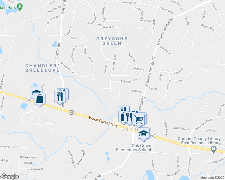 map of restaurants, bars, coffee shops, grocery stores, and more near 107 Lodestone Drive in Durham