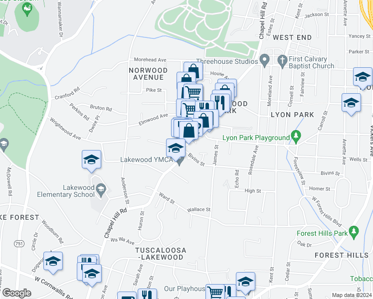 map of restaurants, bars, coffee shops, grocery stores, and more near 2022 Chapel Hill Road in Durham