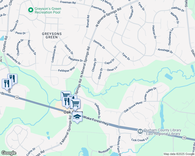 map of restaurants, bars, coffee shops, grocery stores, and more near 211 Glaive Drive in Durham