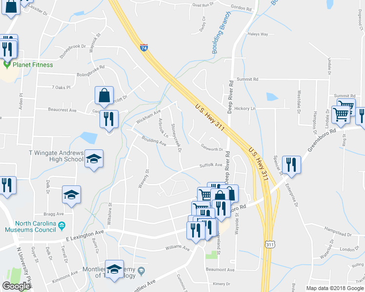 map of restaurants, bars, coffee shops, grocery stores, and more near 2023 Stoneycreek Drive in High Point