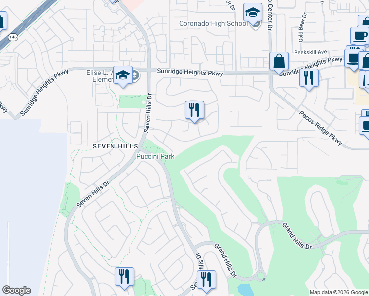 map of restaurants, bars, coffee shops, grocery stores, and more near 2997 Vía Meridiana in Henderson
