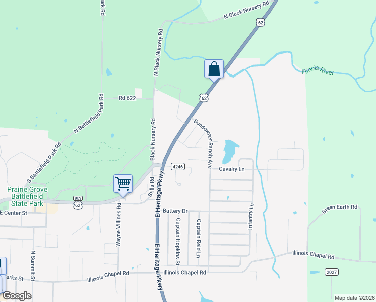 map of restaurants, bars, coffee shops, grocery stores, and more near Division St in Prairie Grove
