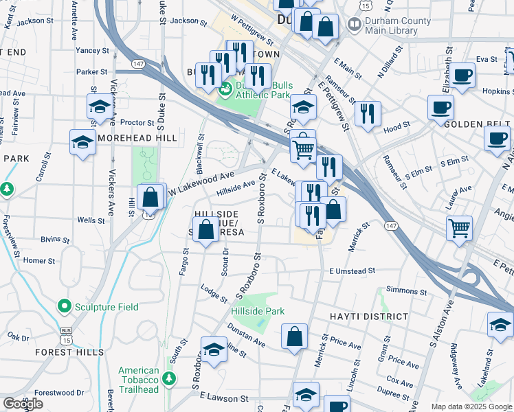 map of restaurants, bars, coffee shops, grocery stores, and more near 804 South Roxboro Street in Durham