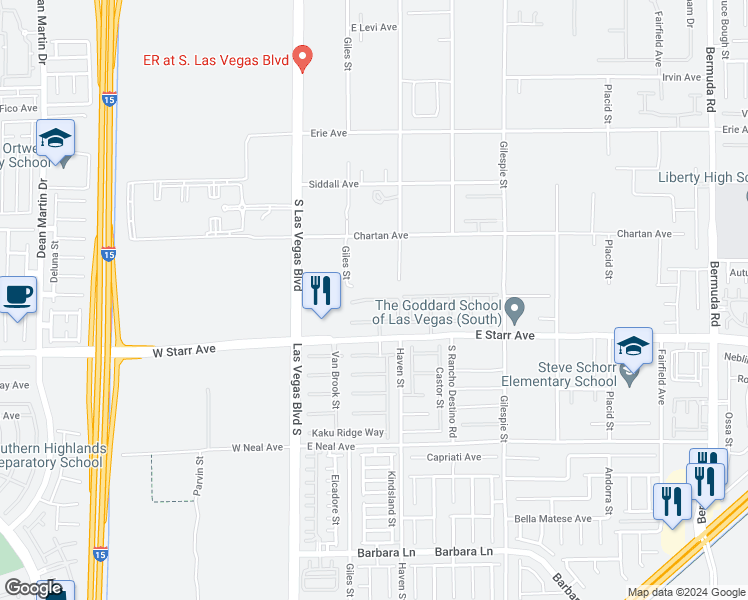 map of restaurants, bars, coffee shops, grocery stores, and more near Buckthorn Ridge Court in Las Vegas
