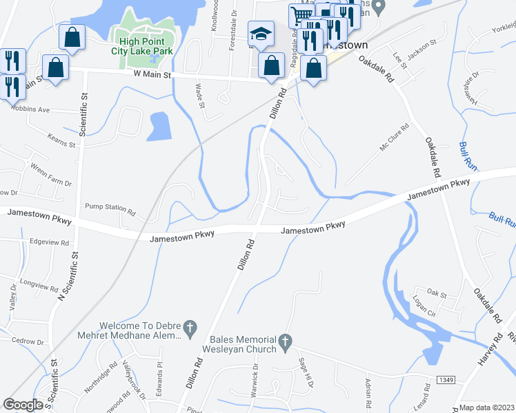 map of restaurants, bars, coffee shops, grocery stores, and more near 301 Misty Waters Lane in Jamestown
