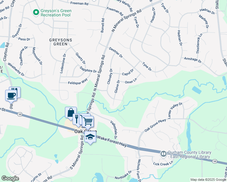 map of restaurants, bars, coffee shops, grocery stores, and more near 211 Glaive Drive in Durham