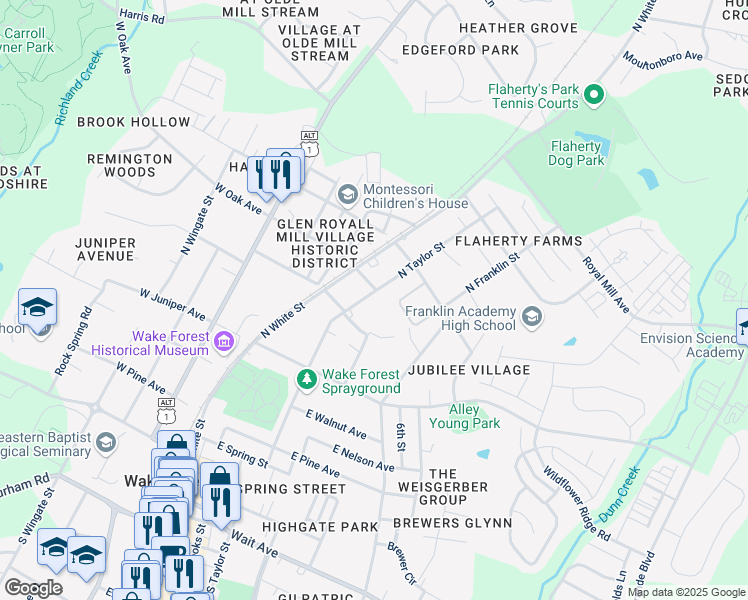 map of restaurants, bars, coffee shops, grocery stores, and more near 630 North Taylor Street in Wake Forest