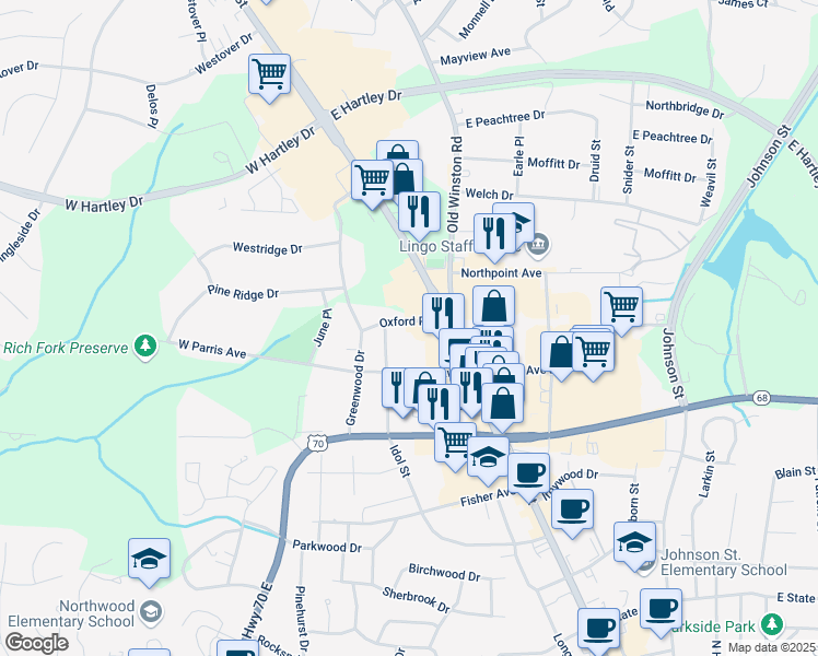 map of restaurants, bars, coffee shops, grocery stores, and more near 90 Oxford Place in High Point
