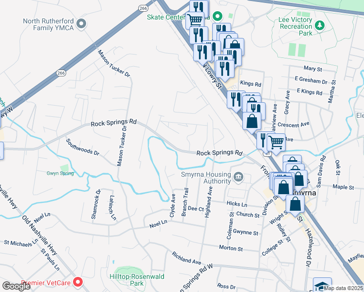 map of restaurants, bars, coffee shops, grocery stores, and more near 540 Rock Springs Road in Smyrna