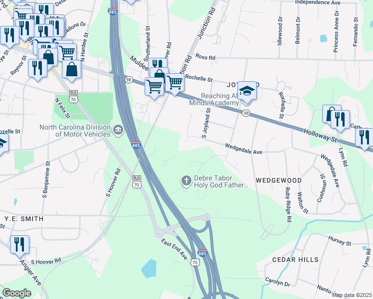 map of restaurants, bars, coffee shops, grocery stores, and more near 2504 Wedgedale Avenue in Durham