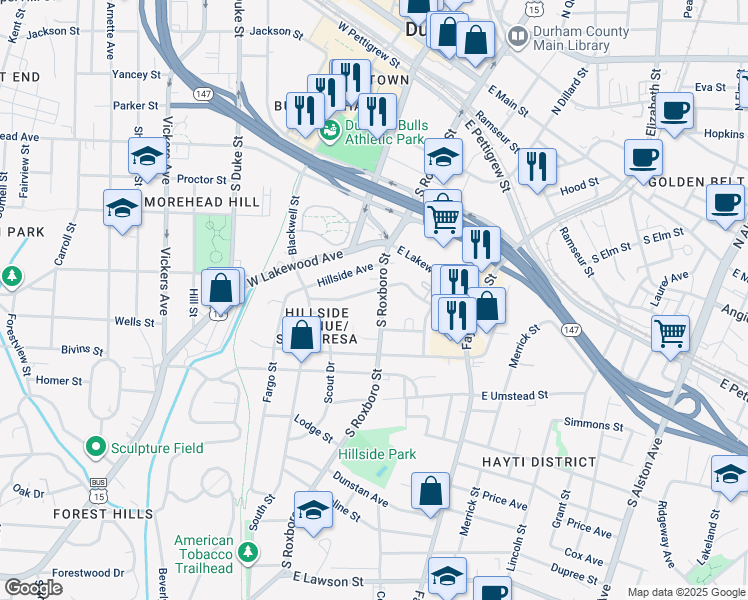 map of restaurants, bars, coffee shops, grocery stores, and more near 804 South Roxboro Street in Durham