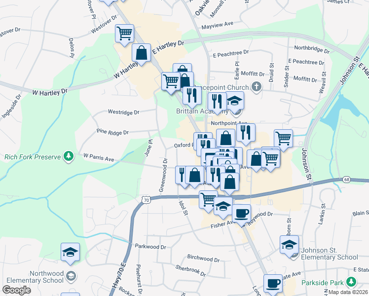 map of restaurants, bars, coffee shops, grocery stores, and more near 101 Oxford Place in High Point