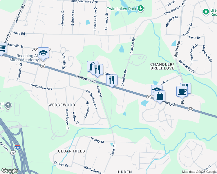 map of restaurants, bars, coffee shops, grocery stores, and more near 3016 Holloway Street in Durham