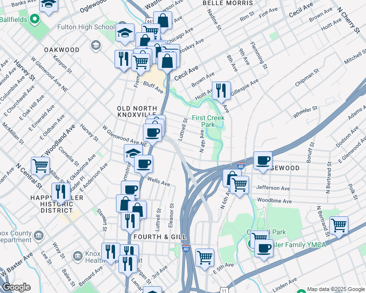 map of restaurants, bars, coffee shops, grocery stores, and more near 1102 Overton Place in Knoxville