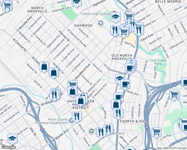 map of restaurants, bars, coffee shops, grocery stores, and more near 405 East Scott Avenue in Knoxville