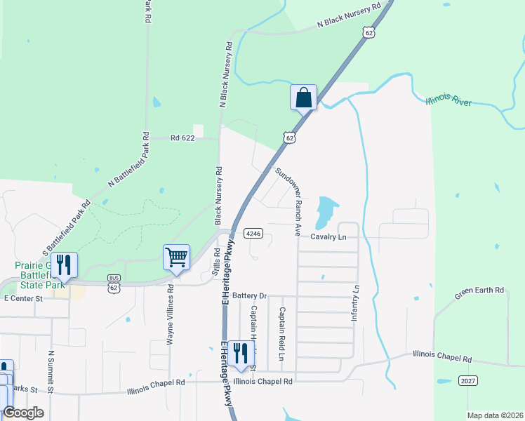map of restaurants, bars, coffee shops, grocery stores, and more near Division St in Prairie Grove