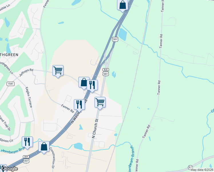map of restaurants, bars, coffee shops, grocery stores, and more near 3061 North Church Street in Rocky Mount