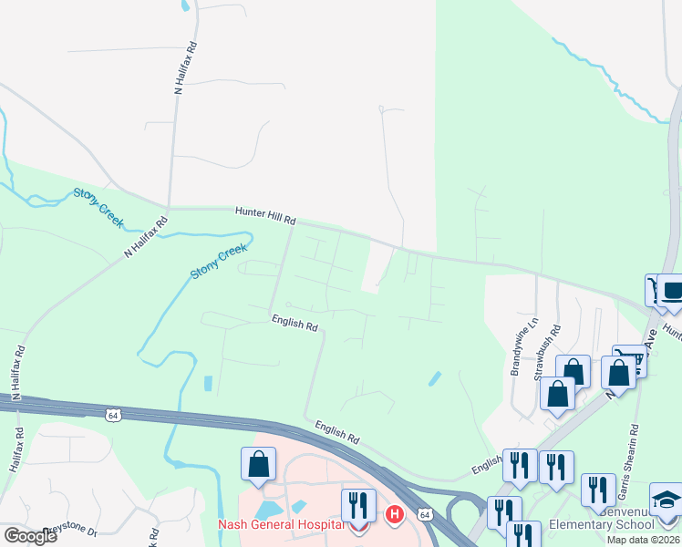 map of restaurants, bars, coffee shops, grocery stores, and more near Autumn Ridge Way in Rocky Mount
