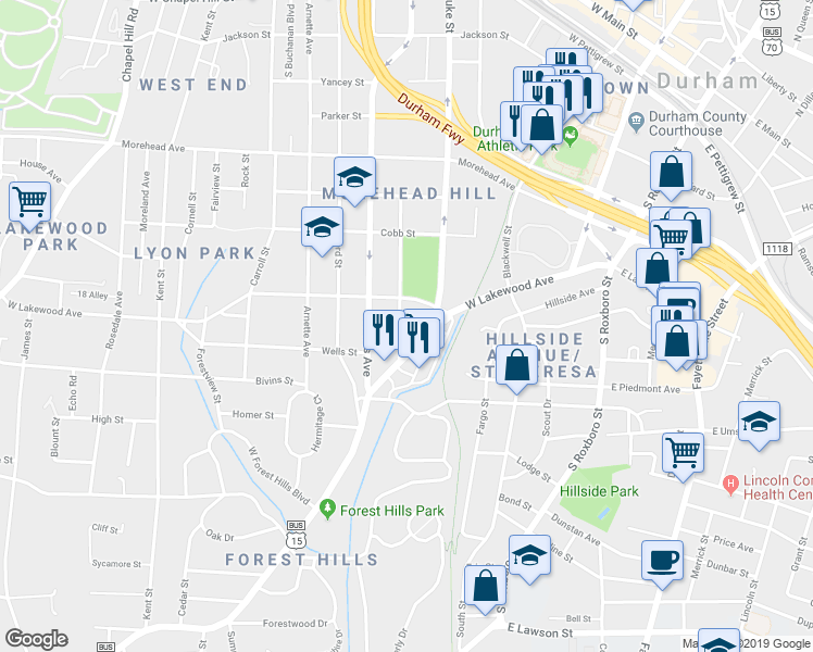 map of restaurants, bars, coffee shops, grocery stores, and more near 1305 Hill Street in Durham