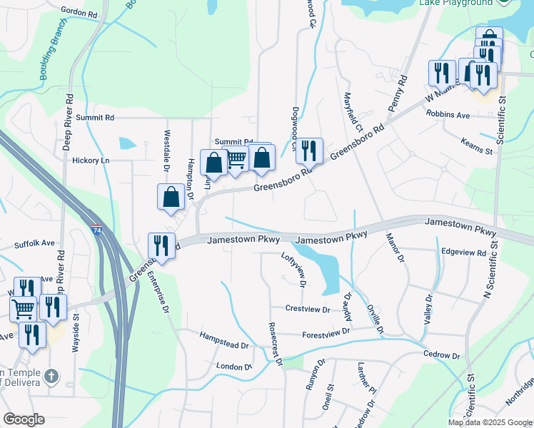 map of restaurants, bars, coffee shops, grocery stores, and more near 908 Greensboro Road in High Point