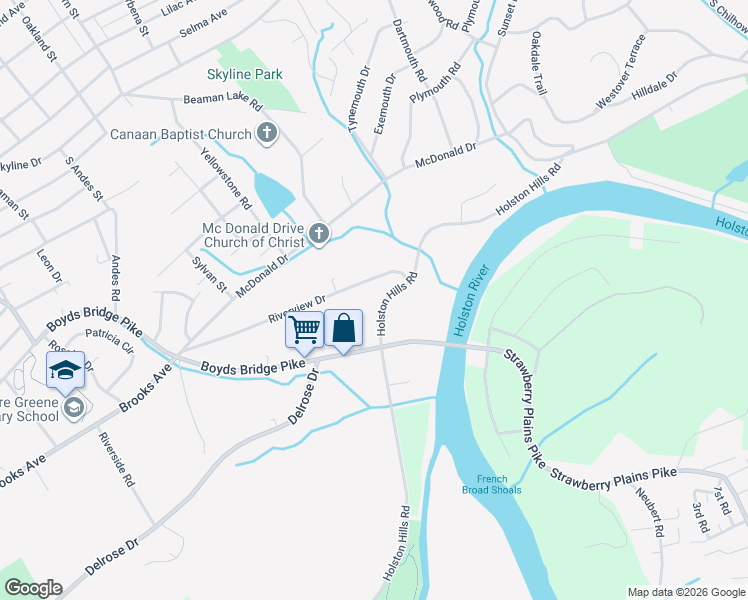 map of restaurants, bars, coffee shops, grocery stores, and more near 4003 Holston Hills Road in Knoxville