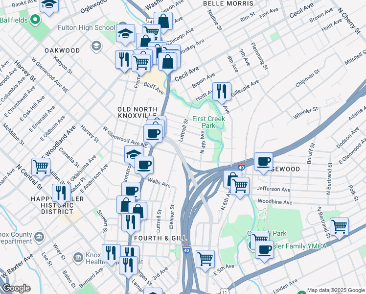 map of restaurants, bars, coffee shops, grocery stores, and more near 1102 Overton Place in Knoxville