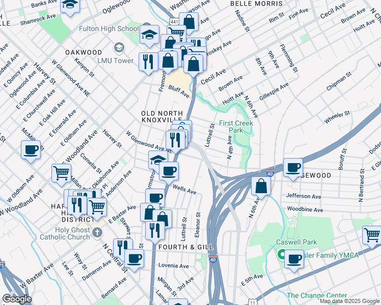 map of restaurants, bars, coffee shops, grocery stores, and more near 115 East Glenwood Avenue in Knoxville