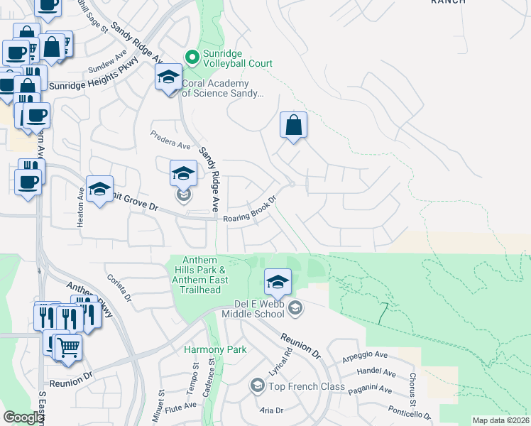 map of restaurants, bars, coffee shops, grocery stores, and more near 2264 Bull Lake Drive in Henderson