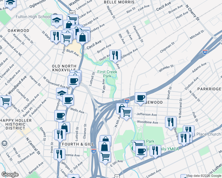map of restaurants, bars, coffee shops, grocery stores, and more near 1221 Pratt Street in Knoxville