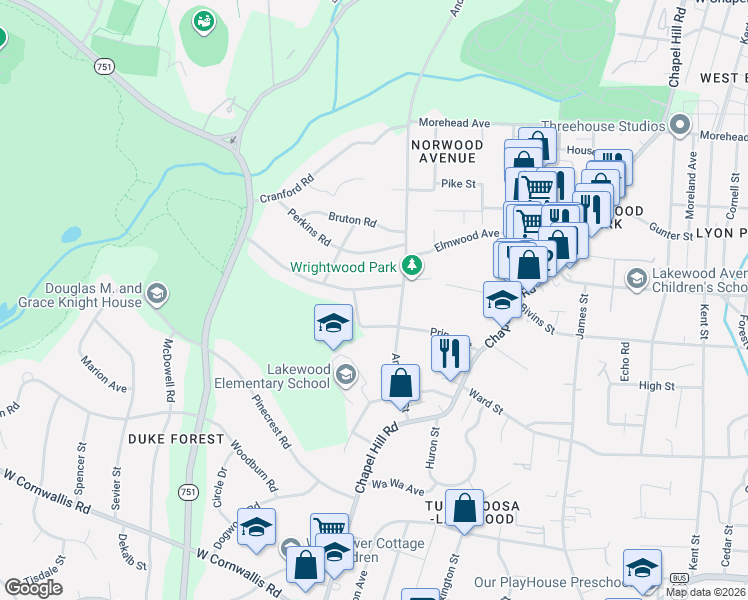 map of restaurants, bars, coffee shops, grocery stores, and more near 2412 Wrightwood Avenue in Durham