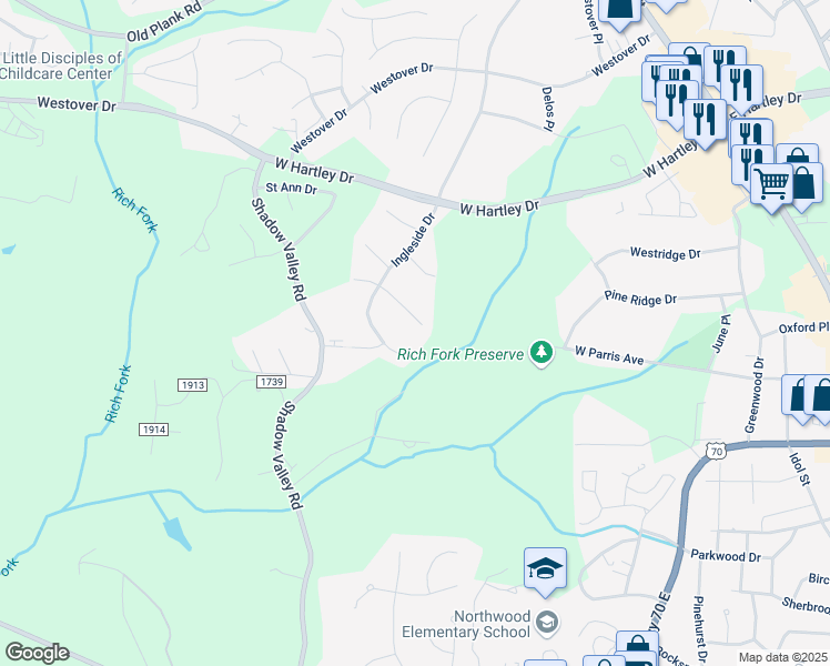 map of restaurants, bars, coffee shops, grocery stores, and more near 743 Celtic Crossing Drive in High Point
