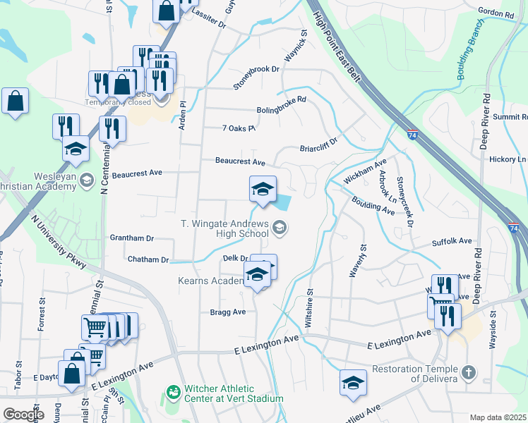 map of restaurants, bars, coffee shops, grocery stores, and more near 1920 McGuinn Drive in High Point