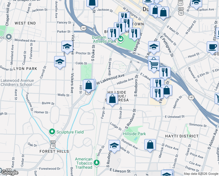 map of restaurants, bars, coffee shops, grocery stores, and more near 802 South Street in Durham