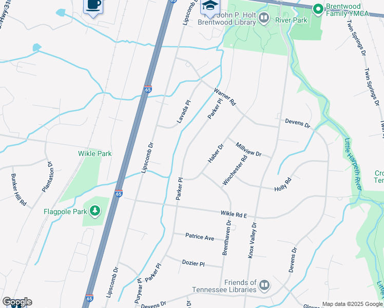 map of restaurants, bars, coffee shops, grocery stores, and more near 1310 Parker Place in Brentwood