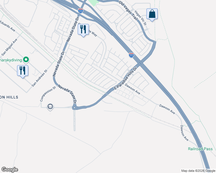 map of restaurants, bars, coffee shops, grocery stores, and more near 1173 Paradise Safari Drive in Henderson
