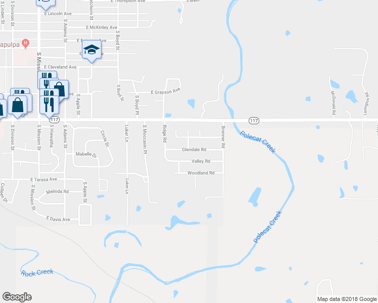 map of restaurants, bars, coffee shops, grocery stores, and more near 1804 Glendale Road in Sapulpa