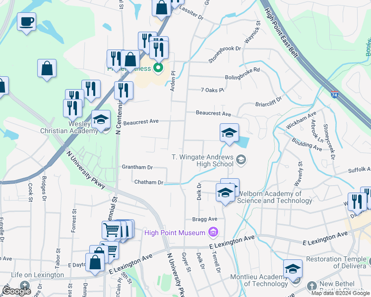 map of restaurants, bars, coffee shops, grocery stores, and more near 1702 Guyer Street in High Point