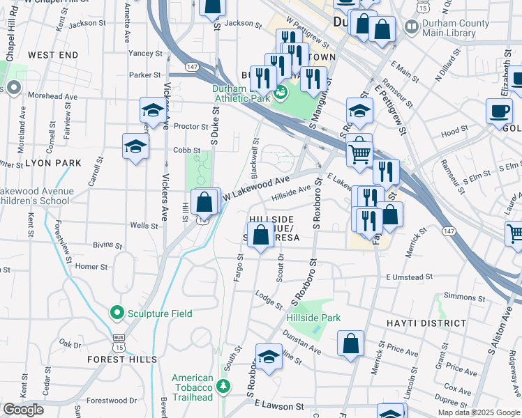 map of restaurants, bars, coffee shops, grocery stores, and more near 802 South Street in Durham