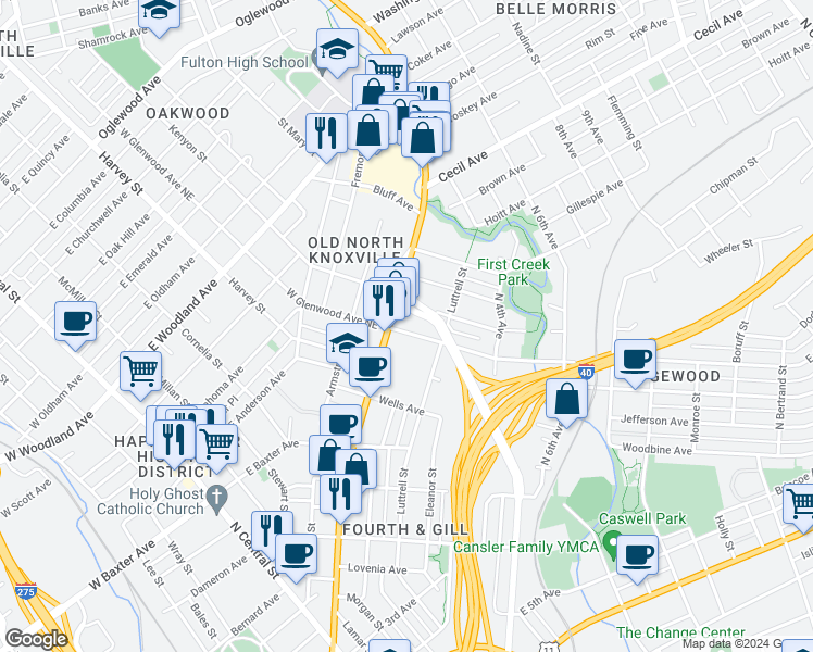 map of restaurants, bars, coffee shops, grocery stores, and more near 115 East Glenwood Avenue in Knoxville