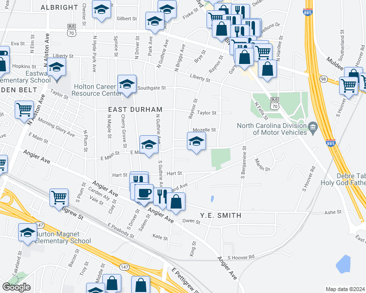 map of restaurants, bars, coffee shops, grocery stores, and more near 2311 East Main Street in Durham