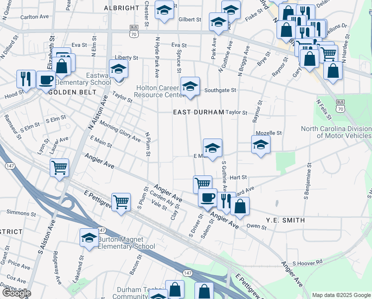 map of restaurants, bars, coffee shops, grocery stores, and more near 105 Cherry Grove Street in Durham