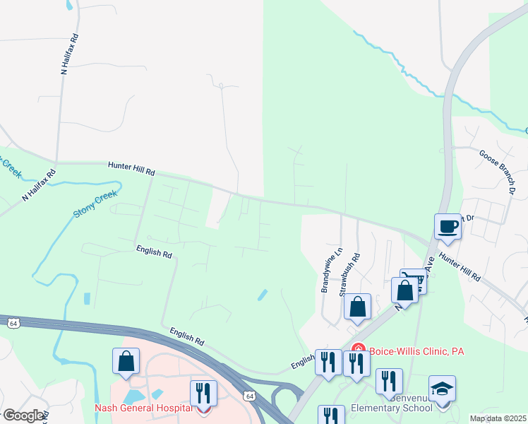 map of restaurants, bars, coffee shops, grocery stores, and more near 1109 Rosebud Drive in Rocky Mount