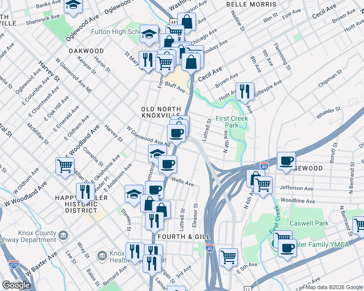 map of restaurants, bars, coffee shops, grocery stores, and more near 115 East Glenwood Avenue in Knoxville